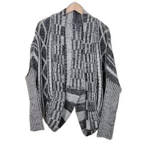 Quinn Cable Knit Open Front Cardigan Black White Women Size L Boho Tribal Knit